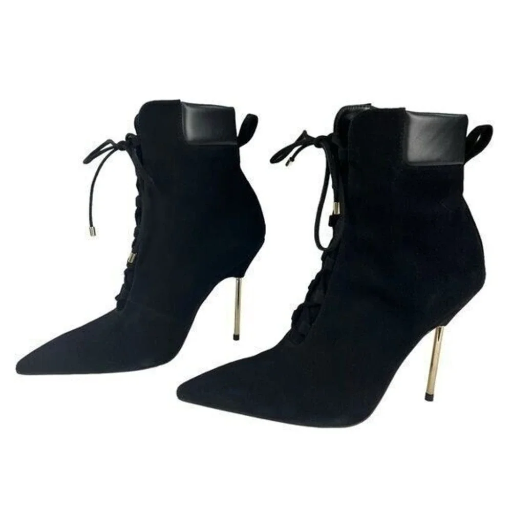Good American Women 7 Black Suede Lace-Up Stiletto Ankle Bootie Modern Goth Chic